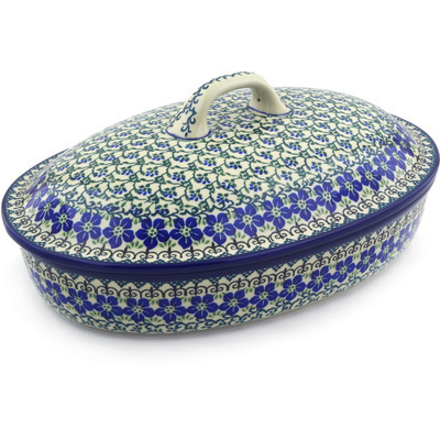Polish Pottery Baker with Cover 14&quot; Blue Dogwood