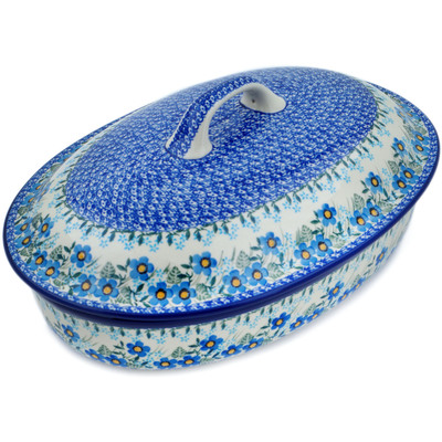 Polish Pottery Baker with Cover 14&quot; Blue Joy