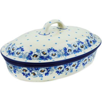 Polish Pottery Baker with Cover 14&quot; Blue Spring