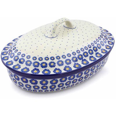 Polish Pottery Baker with Cover 14&quot; Blue Zinnia
