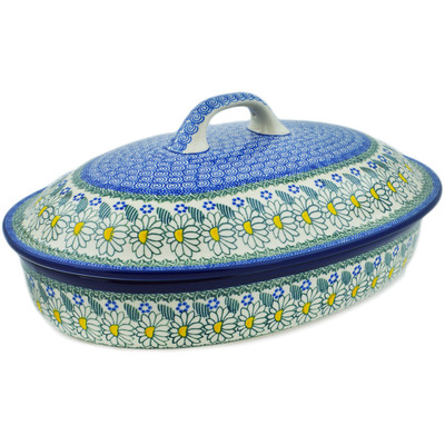 Polish Pottery Baker with Cover 14" Crazy Daisy