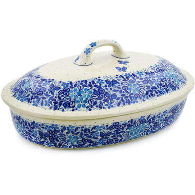 Polish Pottery Baker with Cover 14&quot; Delicate Blue UNIKAT