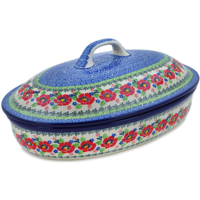 Polish Pottery Baker with Cover 14&quot; Flourishing Flowers
