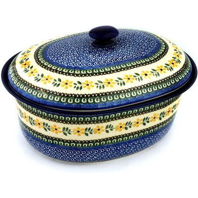 Polish Pottery Baker with Cover 14&quot; Golden Daisy Swirl