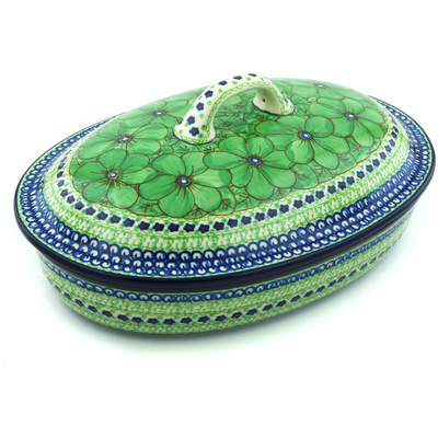 Polish Pottery Baker with Cover 14&quot; Key Lime Dreams UNIKAT