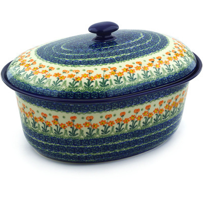 Polish Pottery Baker with Cover 14&quot; Peach Spring Daisy