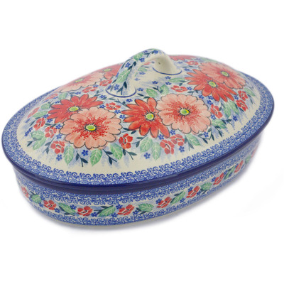 Polish Pottery Baker with Cover 14&quot; Peak Of Perfection UNIKAT