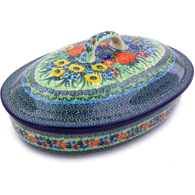 Polish Pottery Baker with Cover 14&quot; Splendid Meadow UNIKAT