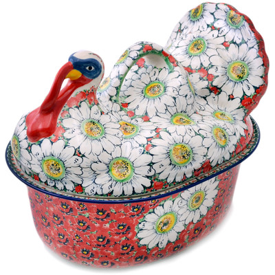 Polish Pottery Baker with Cover 14&quot; Sweet Red Petals UNIKAT