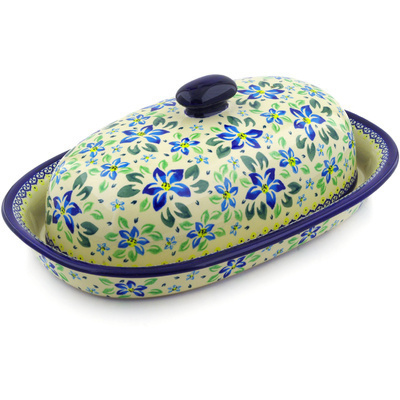 Polish Pottery Baker with Cover 15&quot; Blue Clematis