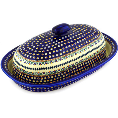 Polish Pottery Baker with Cover 15&quot; Floral Peacock UNIKAT