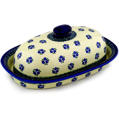 Polish Pottery Baker with Cover 15&quot; Forget Me Not Dots
