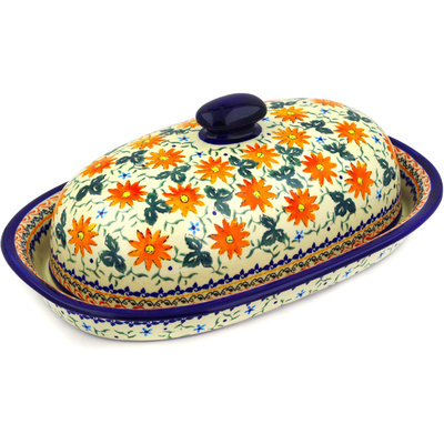 Polish Pottery Baker with Cover 15&quot; Mexican Flame UNIKAT