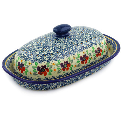 Polish Pottery Baker with Cover 15&quot; Nightingale Flower