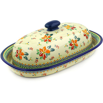 Polish Pottery Baker with Cover 15&quot; Orange Clematis