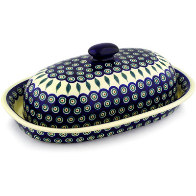 Polish Pottery Baker with Cover 15&quot; Peacock Leaves