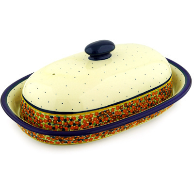 Polish Pottery Baker with Cover 15&quot; Russett Floral