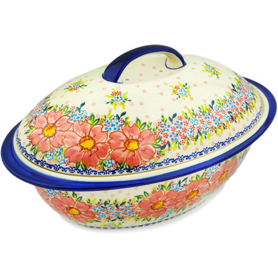 Polish Pottery Baker with Cover 16&quot; Aster UNIKAT