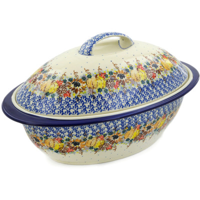 Polish Pottery Baker with Cover 16&quot; Autumn Falling Leaves UNIKAT