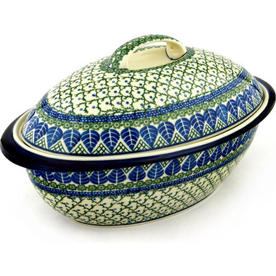 Polish Pottery Baker with Cover 16&quot; Blue Alpine