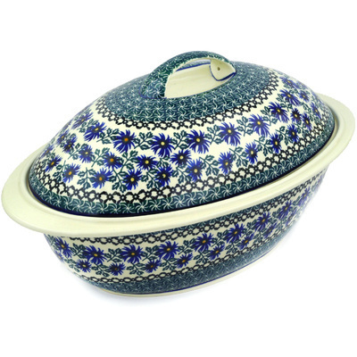 Polish Pottery Baker with Cover 16&quot; Blue Chicory