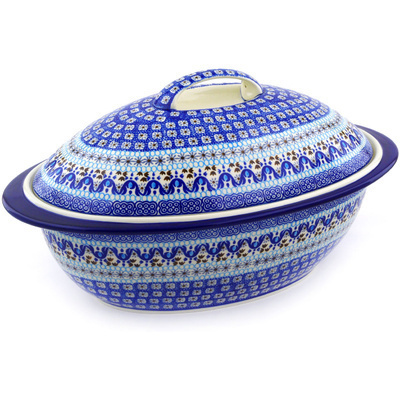 Polish Pottery Baker with Cover 16&quot; Blue Ice