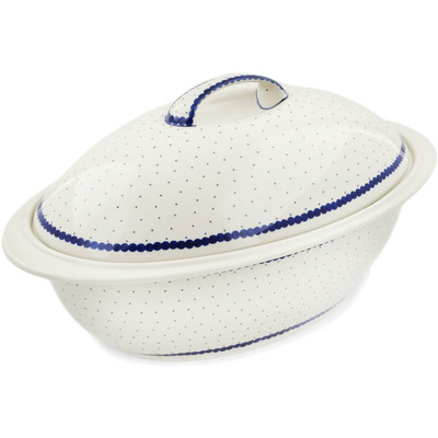 Polish Pottery Baker with Cover 16&quot; Blue Polka Dot