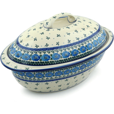 Polish Pottery Baker with Cover 16&quot; Blue Poppy Chain
