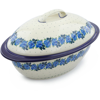 Polish Pottery Baker with Cover 16&quot; Blue Rose