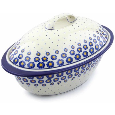Polish Pottery Baker with Cover 16&quot; Blue Zinnia
