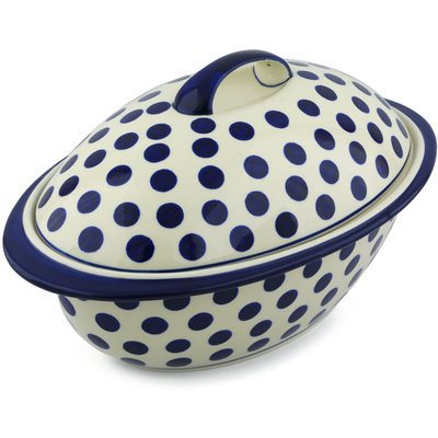 Polish Pottery Baker with Cover 16&quot; Bold Blue Dots