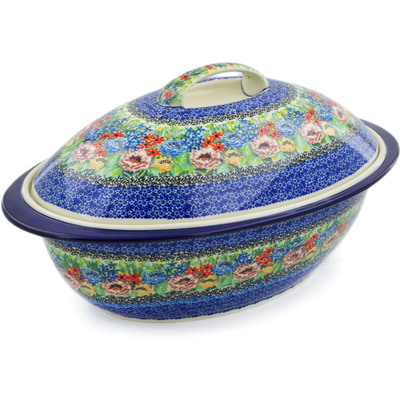 Polish Pottery Baker with Cover 16&quot; Carnation Valley UNIKAT