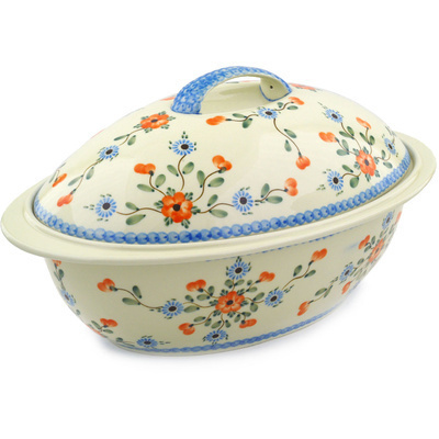 Polish Pottery Baker with Cover 16&quot; Cherry Blossoms
