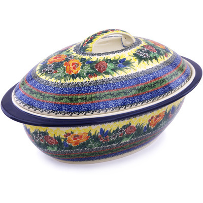 Polish Pottery Baker with Cover 16&quot; Copper Rose Meadow UNIKAT