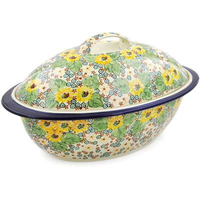 Polish Pottery Baker with Cover 16&quot; Country Sunflower UNIKAT