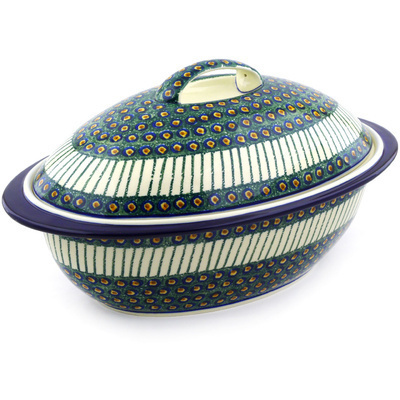 Polish Pottery Baker with Cover 16&quot; Emerald Peacock
