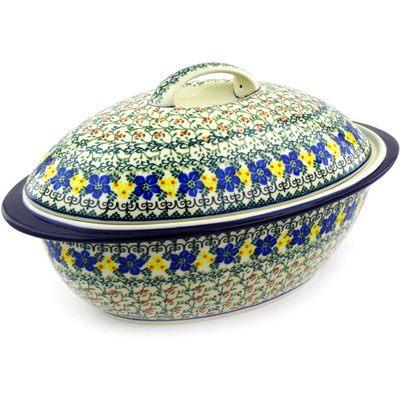 Polish Pottery Baker with Cover 16&quot; Lace With Flowers