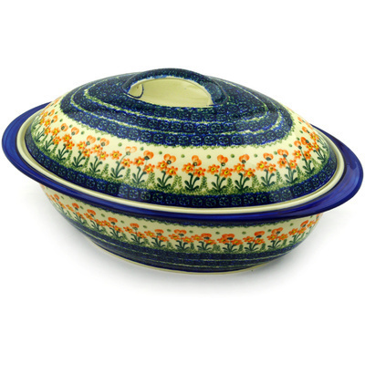 Polish Pottery Baker with Cover 16&quot; Peach Spring Daisy