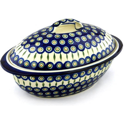 Polish Pottery Baker with Cover 16&quot; Peacock Leaves