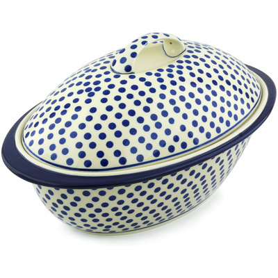 Polish Pottery Baker with Cover 16&quot; Polka Dot Delight
