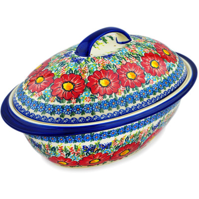 Polish Pottery Baker with Cover 16&quot; Red Hibiscus UNIKAT