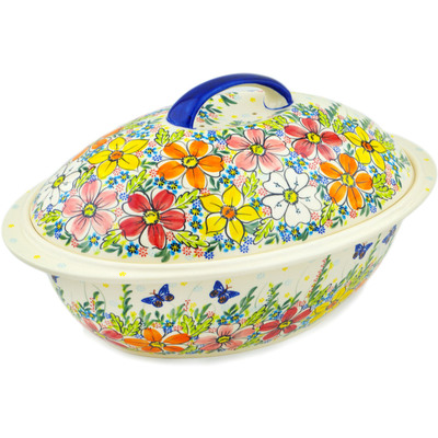 Polish Pottery Baker with Cover 16&quot; Retro Garden UNIKAT