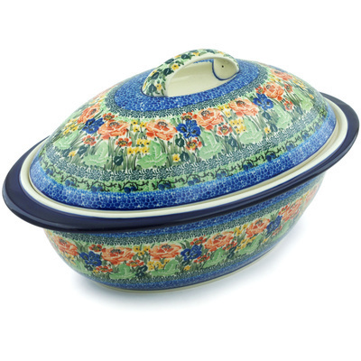 Polish Pottery Baker with Cover 16&quot; Splendid Meadow UNIKAT