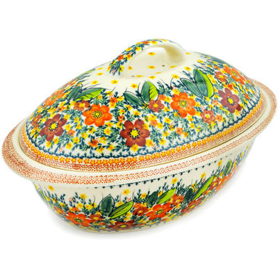 Polish Pottery Baker with Cover 16&quot; Sunset Meadow UNIKAT