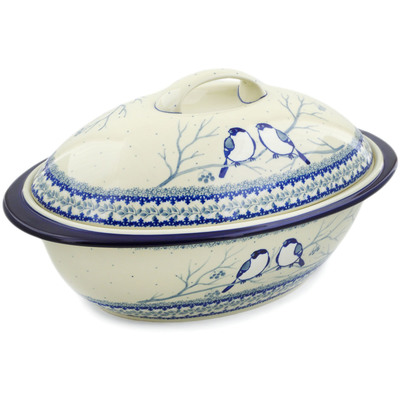 Polish Pottery Baker with Cover 16&quot; Waiting Birds UNIKAT