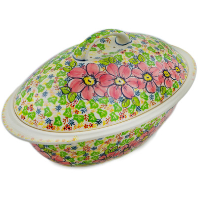 Polish Pottery Baker with Cover 16&quot; Wild Peonies UNIKAT