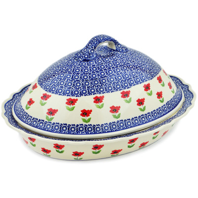Polish Pottery Baker with Cover 16&quot; Wind-blown Poppies