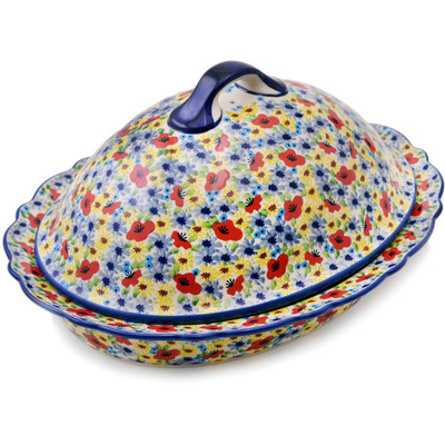 Polish Pottery Baker with Cover 16&quot; Winter To Spring UNIKAT