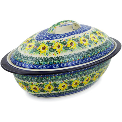 Polish Pottery Baker with Cover 16&quot; Yellow Garden UNIKAT