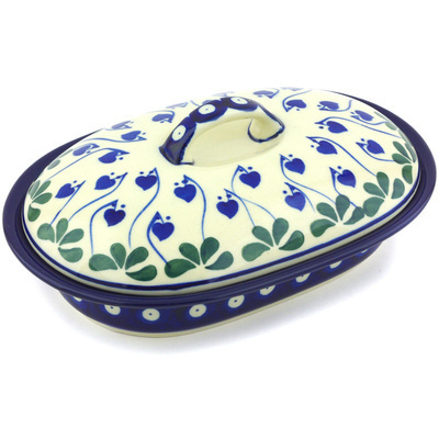 Polish Pottery Baker with Cover 8&quot; Bleeding Heart Peacock